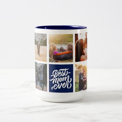 Best Mom Ever Personalized Photo Collage Navy Blue Two_Tone Coffee Mug