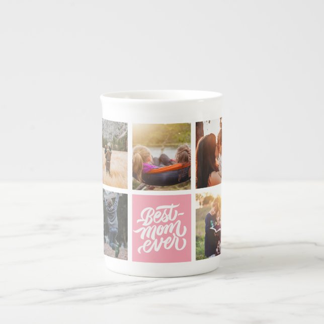 Best Mom Ever Personalized Photo Collage Pink Bone China Mug (Front)