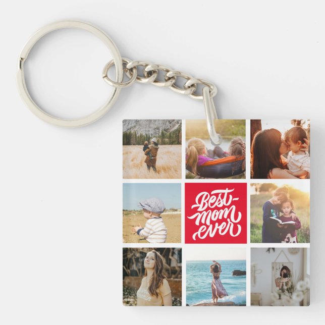 Best Mom Ever Personalized Photo Collage Red Keychain (Front)