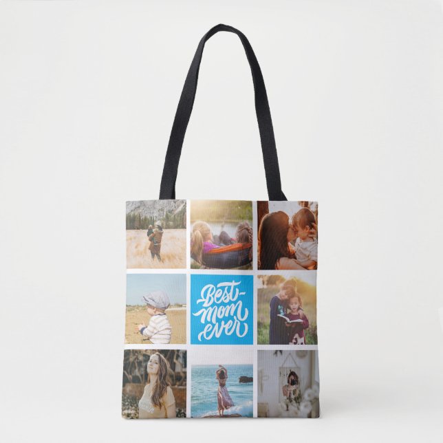 Best Mom Ever Personalized Photo Collage Sky Blue Tote Bag (Front)