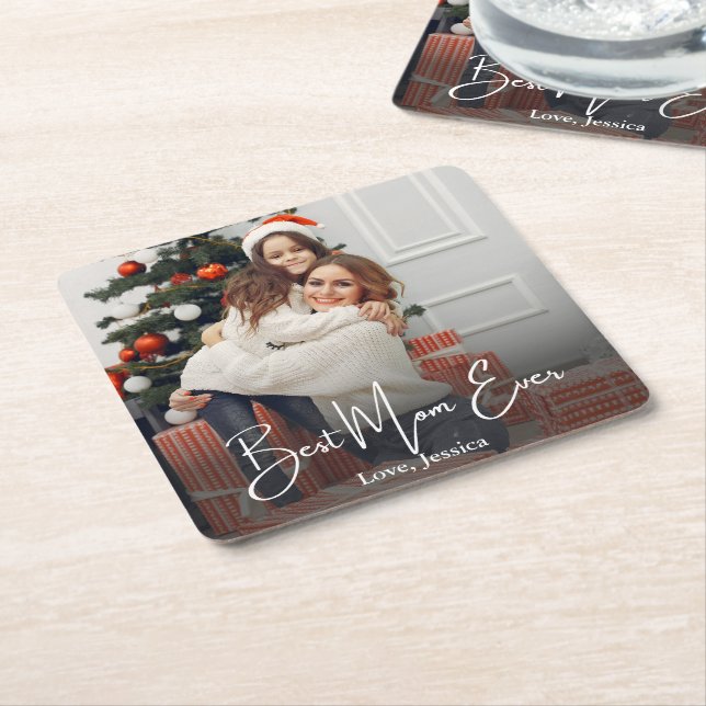 Best Mom Ever Personalized Photo Square Paper Coaster (Angled)
