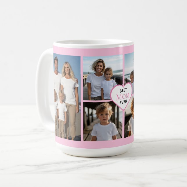 Best Mom ever personalized pink 6 photo template Coffee Mug (Front Left)
