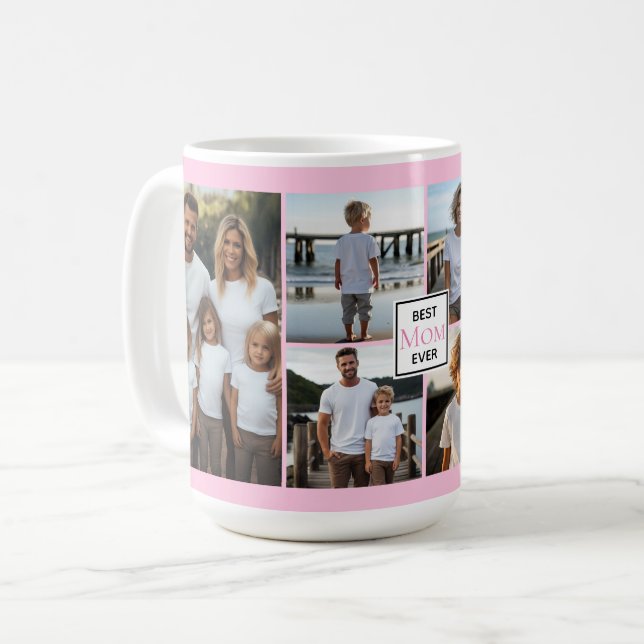 Best Mom ever personalized pink 6 photo template Coffee Mug (Front Left)