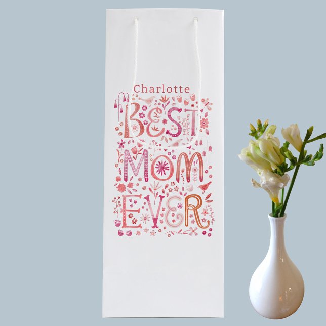 Best Mom Ever Personalized Wine Gift Bag (Best Mom Ever watercolor hand lettered personalized name Mothers Day or Mom Birthday wine gift bag)