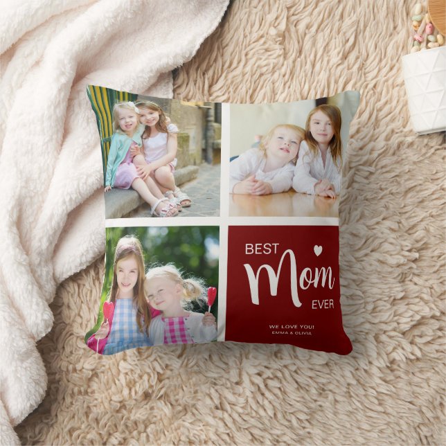 Best Mom Ever Photo Collage Deep Red Throw Pillow (Blanket)