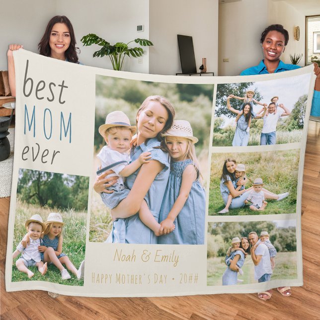 Best Mom Ever Photo Collage Personalized Stone Fleece Blanket (Creator Uploaded)