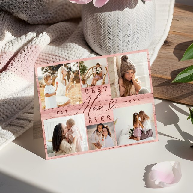 Best Mom Ever Photo Collage Pink Woodgrain  Card (Best Mom Ever Photo Collage Pink Woodgrain Card)