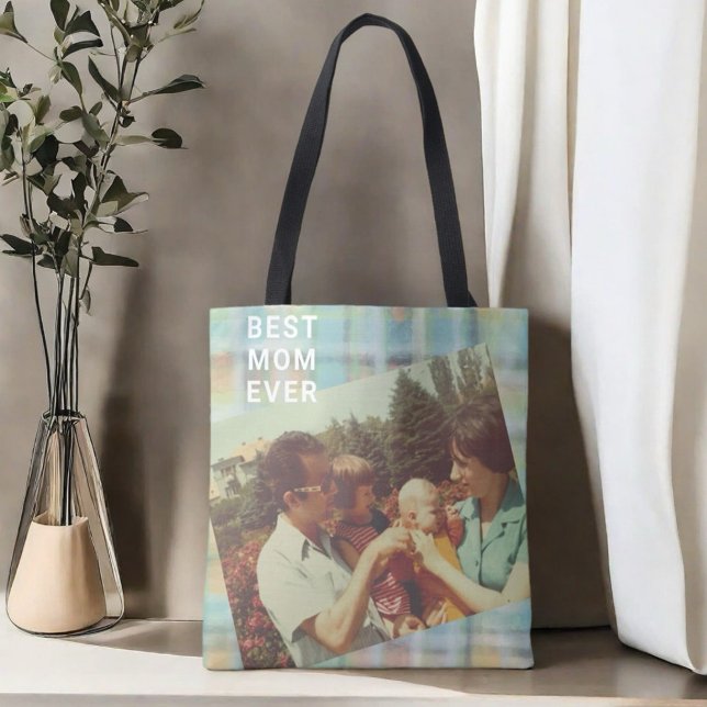 Best Mom Ever photo custom keepsake pastel tartan  Tote Bag (Creator Uploaded)