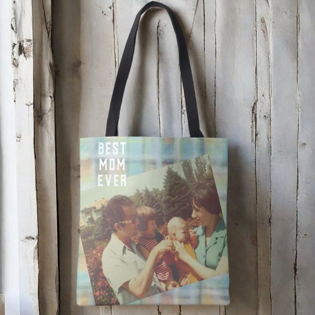 Best Mom Ever photo custom plaid pastel teal green Tote Bag (Creator Uploaded)
