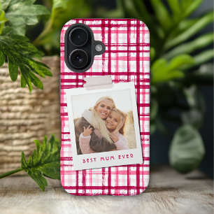Best Mom Ever Photo Cute Modern Red Pink Pattern iPhone 16 Plus Case