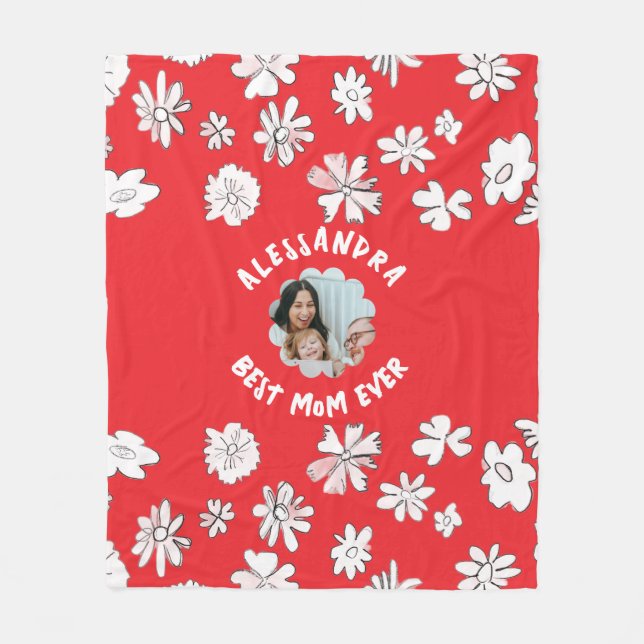 Best mom ever photo floral monogram cute red white fleece blanket (Front)