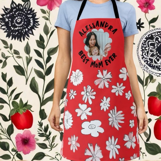 Best mom ever photo monogram floral red white  apron (Creator Uploaded)