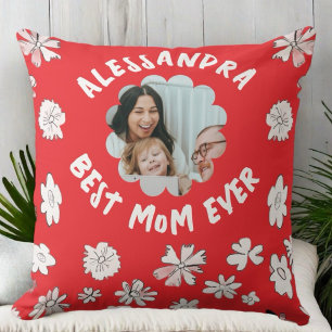 Best mom ever photo monogram wildflower red white  throw pillow