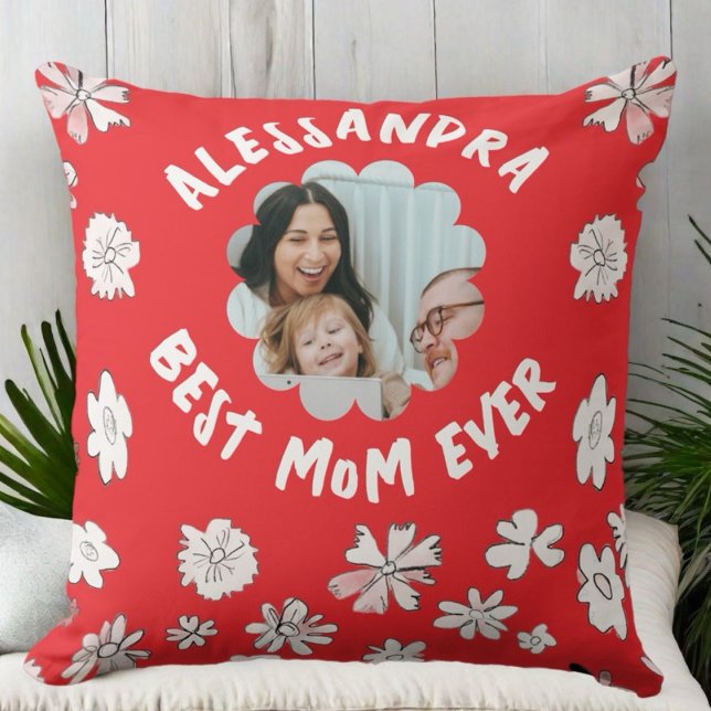 Best mom ever photo monogram wildflower red white  throw pillow (Creator Uploaded)