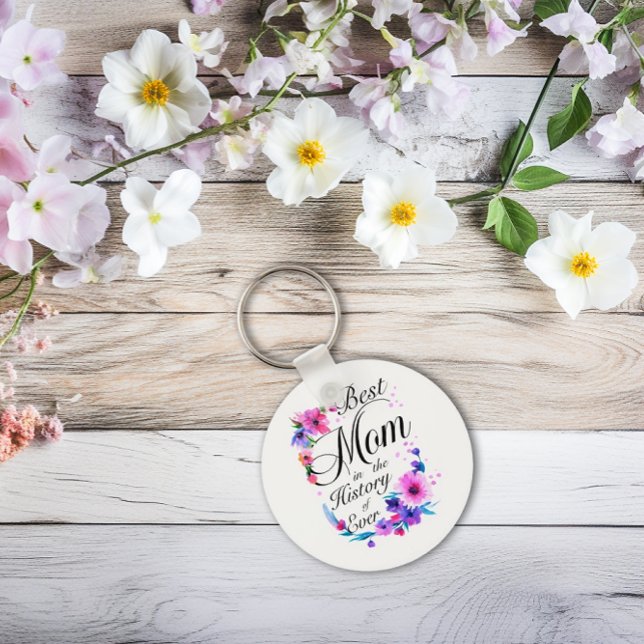 Best Mom Ever, Pink and Purple Flowers for Mom Keychain (Best Mom in the History of Ever Keychain)