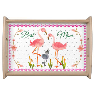 Best Mom Ever Pink Flamingo Watercolor Floral  Serving Tray