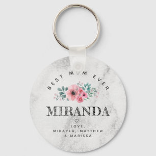 Best Mom Ever pink flowers marble background Keychain