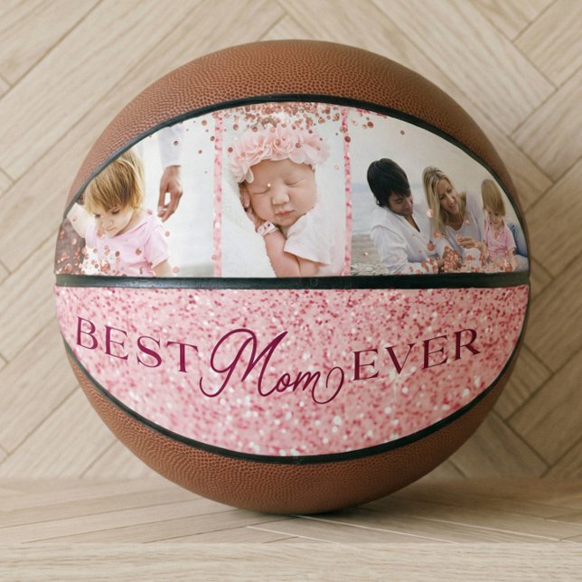 Best Mom Ever Pink Glitter Photo Collage Basketball (Best Mom Ever Pink Glitter Photo Collage Basketball)