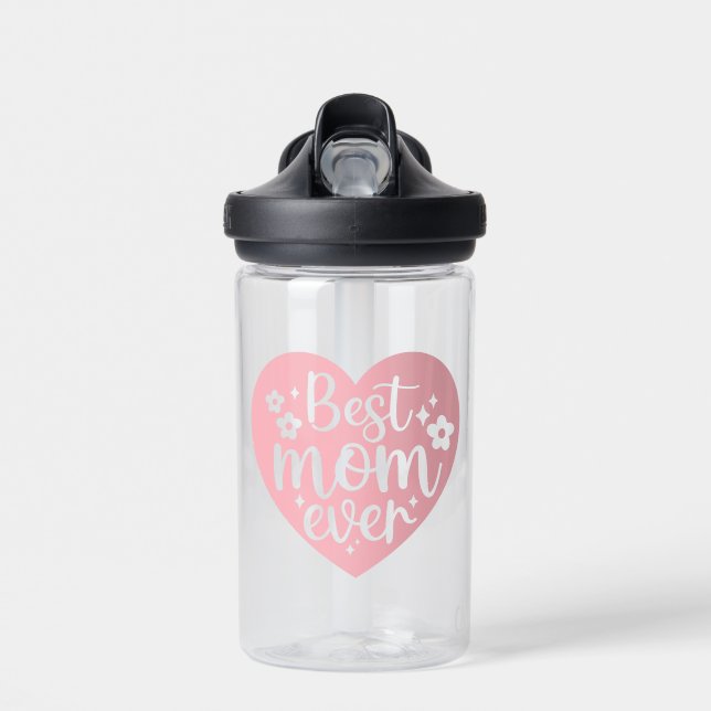 Best Mom Ever Pink Heart With Flowers Water Bottle (Front)