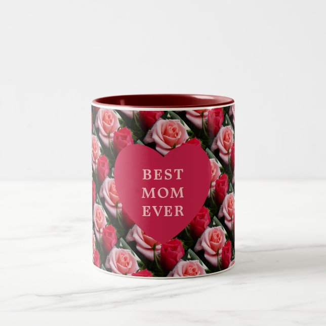 Best Mom Ever Pink Red Floral Pattern Heart Two-Tone Coffee Mug (Center)