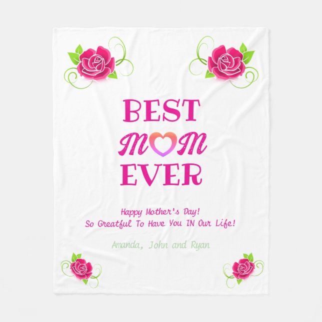 Best Mom Ever Pink Roses Heart Mother's Day Gift  Fleece Blanket (Front)