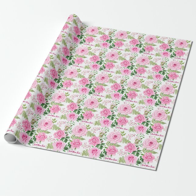 Best Mom Ever Pink Watercolor Roses Wrapping Paper (Unrolled)