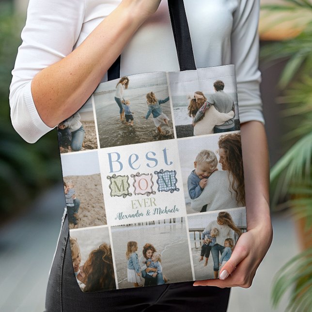 Best Mom Ever Plaid Patchwork Photo Tote Bag (Creator Uploaded)