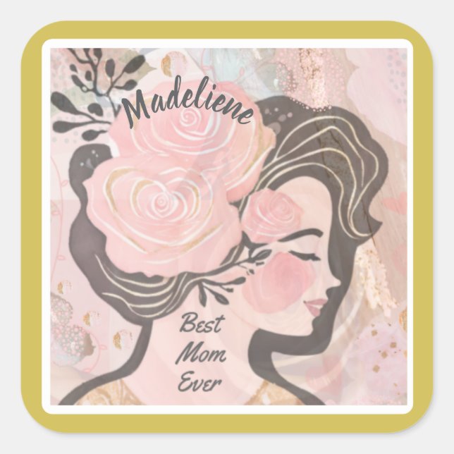 Best Mom Ever Pretty Flowers Gold Frame Name  Square Sticker (Front)