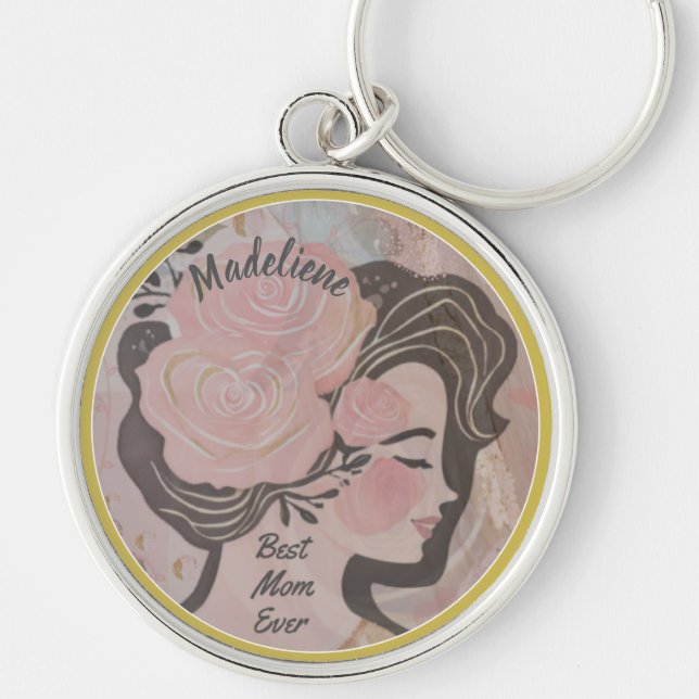 Best Mom Ever Pretty Flowers Gold Frame Round Name Keychain (Front)