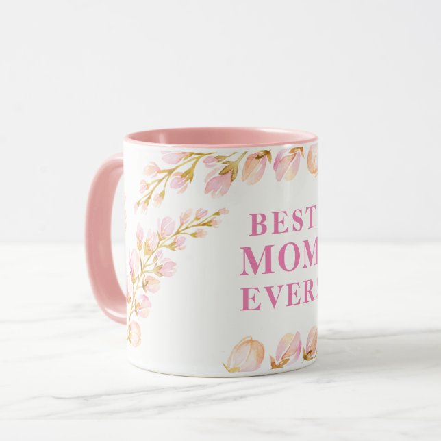 BEST MOM EVER pretty watercolor floral pink Mug (Front Left)