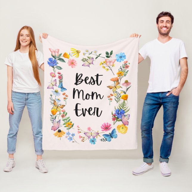 Best Mom Ever Pretty Wildflowers Boho Mother's Day Fleece Blanket (In Situ)