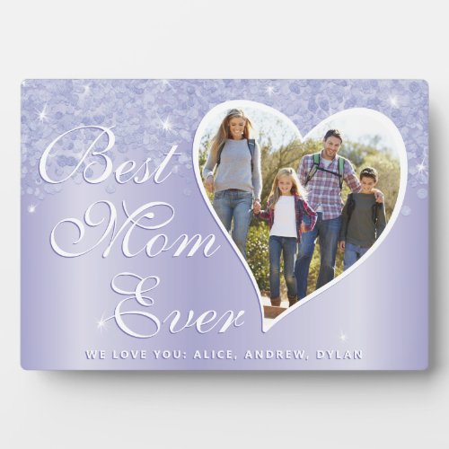 Best Mom Ever Purple Girly Heart Family Photo Plaque
