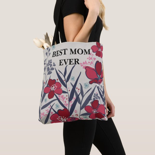 Best mom ever Red & Pink floral Pattern Tote Bag (Close Up)