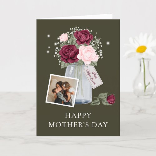 Best Mom Ever Red Pink Watercolor Floral Photo Card