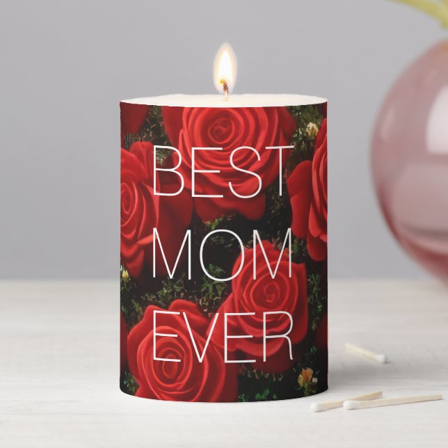 Best Mom Ever Red Roses Floral Pillar Candle (In Situ)