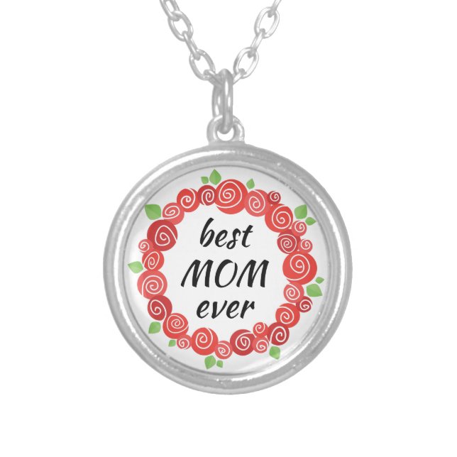 Best mom ever red roses wreath spring cute floral silver plated necklace (Front)