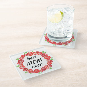Best mom ever red roses wreath spring cute glass coaster