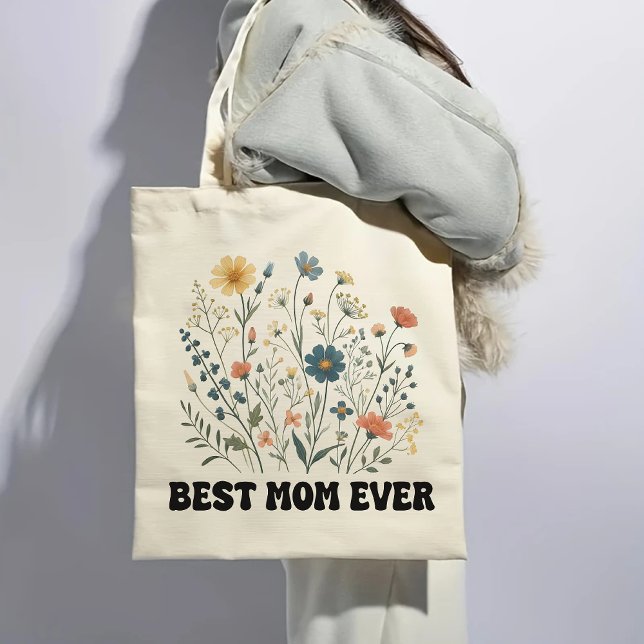 Best Mom Ever Retro Wildflower Tote Bag for Mom (best mom ever tote, mom gift tote bag, retro tote bag, wildflowers tote bag, mother’s day tote)