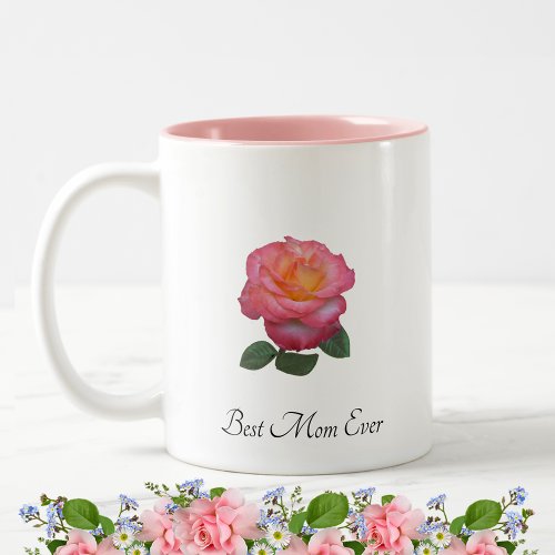 Best Mom Ever Rose Flower and Monogram Two_Tone Coffee Mug