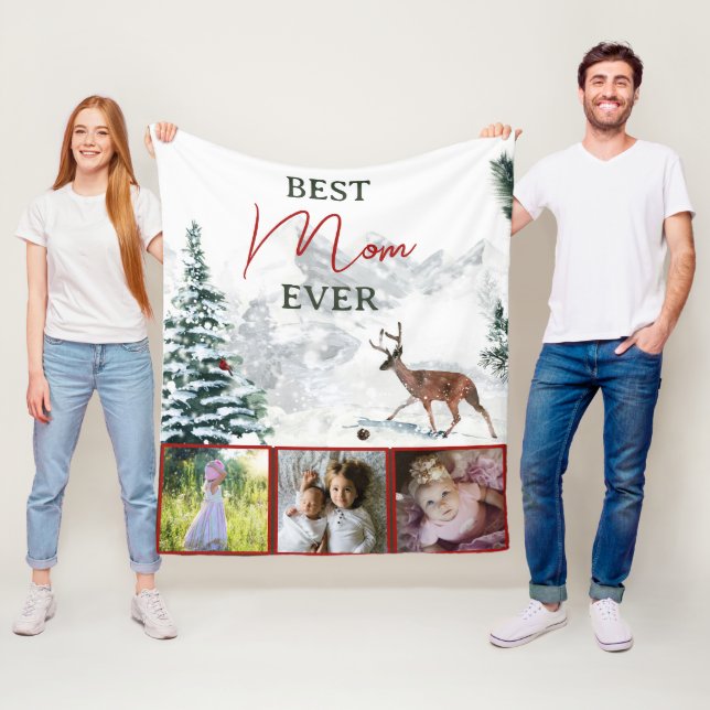 Best Mom Ever Rustic Deer Winter Scene Photo  Fleece Blanket (In Situ)