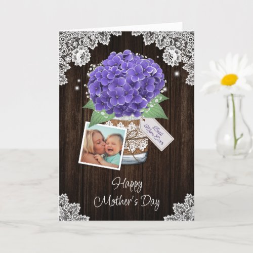 Best Mom Ever Rustic Wood Purple Floral Photo Card