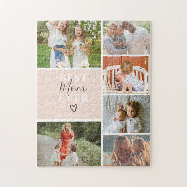 Best mom ever script 6 photo collage grid jigsaw puzzle | Zazzle