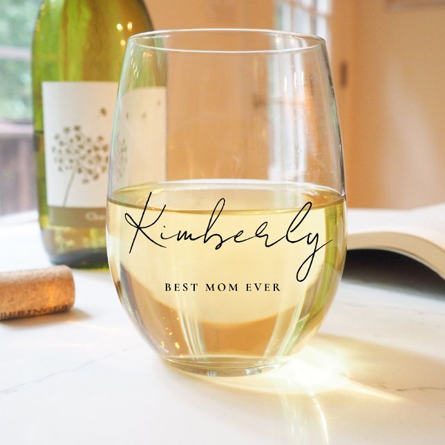 Best Mom Ever Script Monogram Stemless Wine Glass (Creator Uploaded)