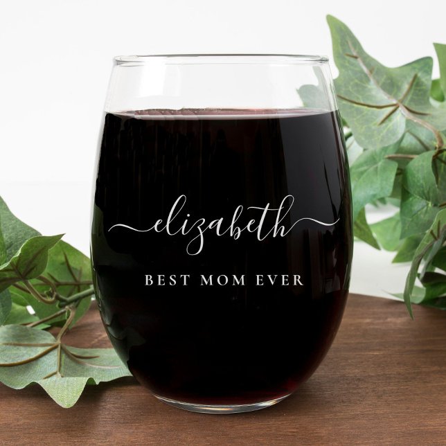 Best Mom Ever Script Monogram Stemless Wine Glass (Creator Uploaded)