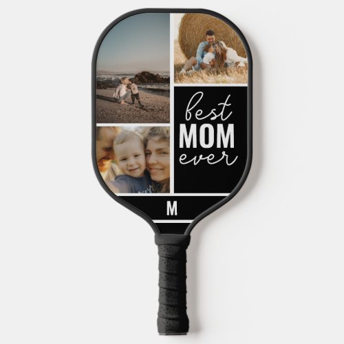 Best Mom Ever Script Photo Collage Black Pickleball Paddle