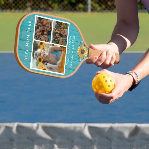 Best MOM Ever Sunflower 3 Photo Collage  Pickleball Paddle