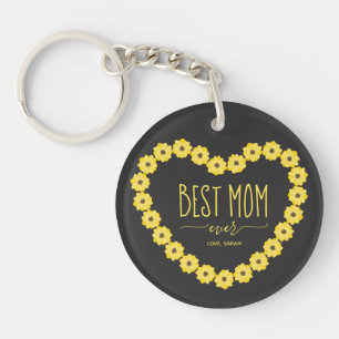 Best Mom Ever Sunflower Heart Personalized Name Keychain