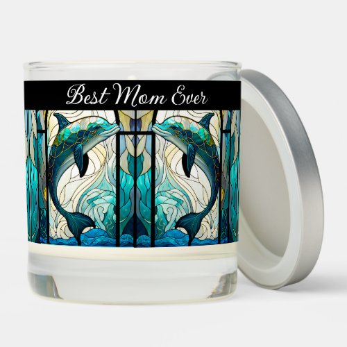 Best Mom Ever Teal Blue Dolphin Faux Stained Glass Scented Candle