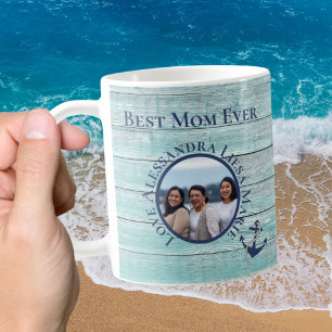 Best Mom Ever Teal Wood Nautical Navy Anchor Coffee Mug