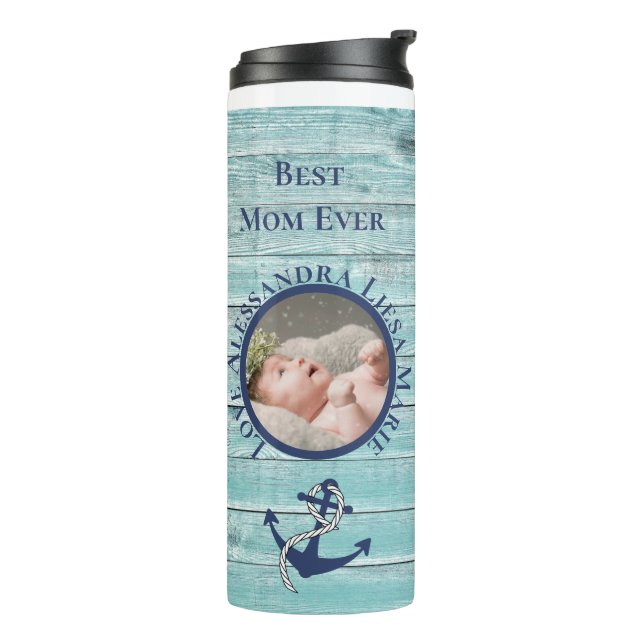 Best Mom Ever Teal Wood Nautical Navy Anchor Thermal Tumbler (Rotated Left)